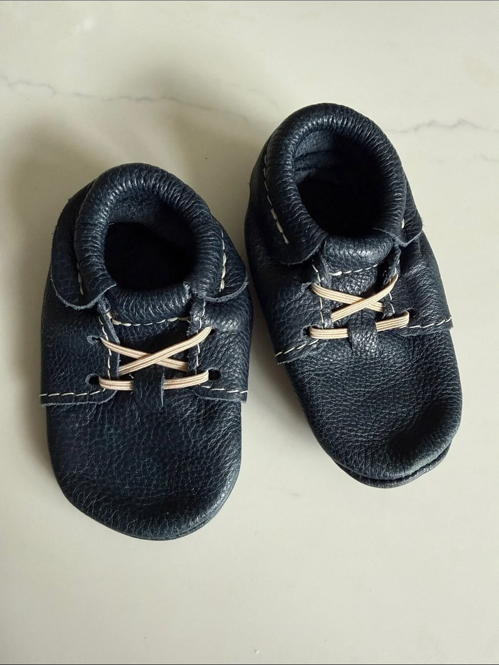 Freshly Picked Navy Blue Leather Baby Moccasins with Tan Laces
